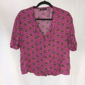 Zara Trf Viscose Short Sleeve Graphic Print Crop V-Neck Button Down Blouse 2 Xs